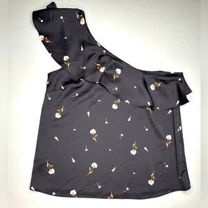 Ann Taylor One Shoulder Black Floral Top Ruffle Detail Hidden Side Zip Fairy SzL